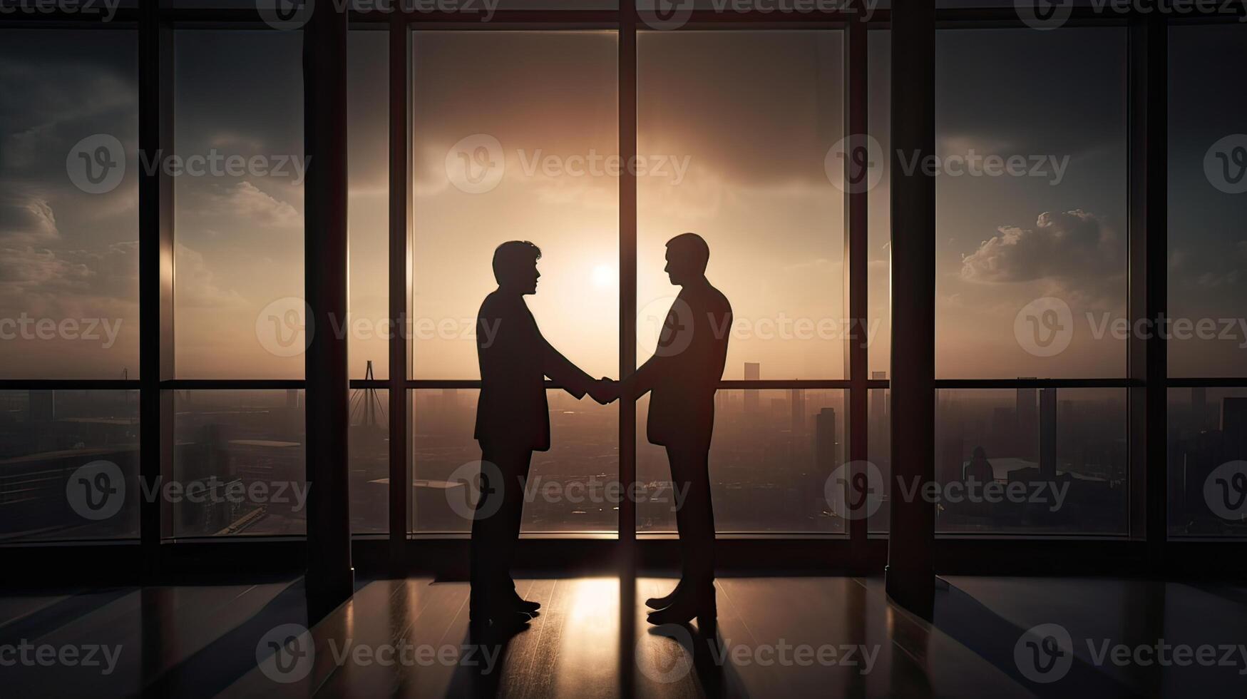 silhouetten twee zakenlieden handdruk in samenwerking overeenkomst concept Bij kantoor en geslaagd bedrijf partner. bedrijf Mens beven handen naar zegel een transactie met zijn partner. generatief ai. foto