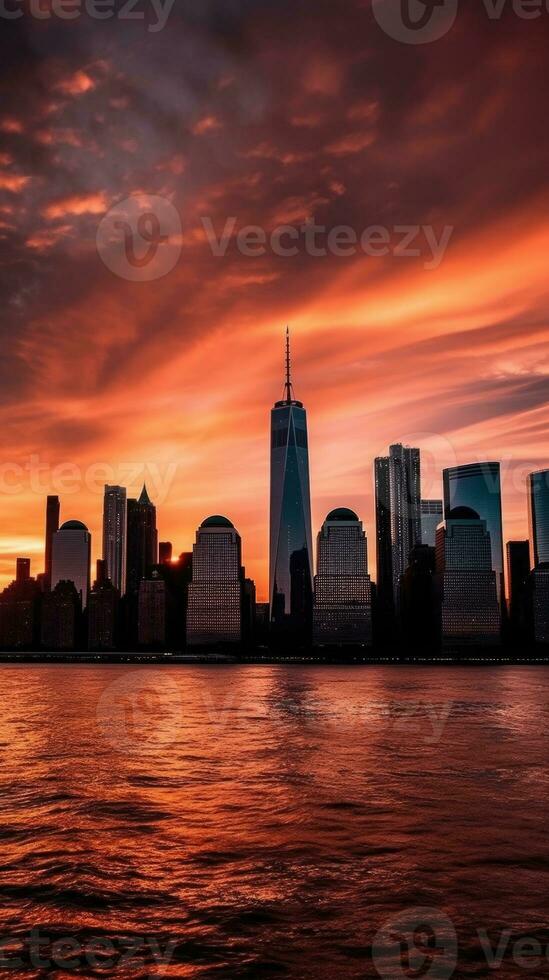 nieuw york stad, lager Manhattan in voorkant van water gedurende zonsondergang of zonsopkomst. generatief ai technologie. foto