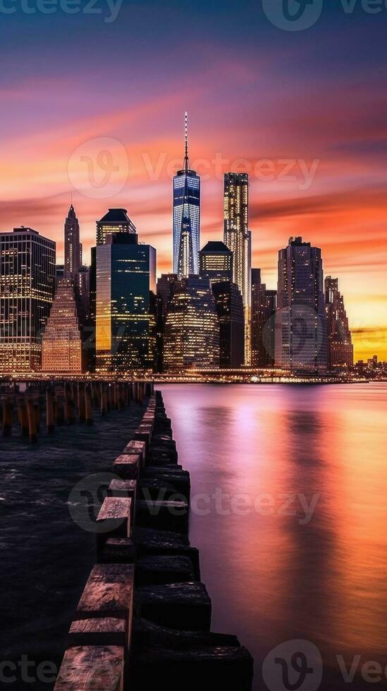 nieuw york stad, lager Manhattan in voorkant van water gedurende verbazingwekkend zonsondergang. generatief ai technologie. foto