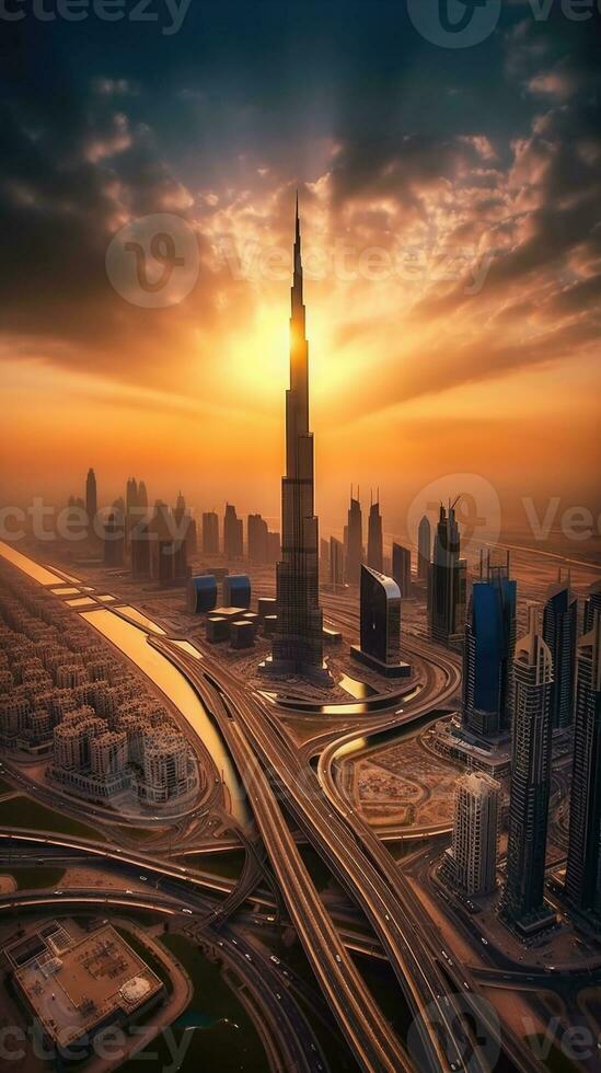 antenne visie van burj khalifa en de sjeik zayed weg uitwisseling, downtown Dubai in zonsondergang of zonsopkomst visie. verbazingwekkend toerist bestemming, generatief ai technologie. foto