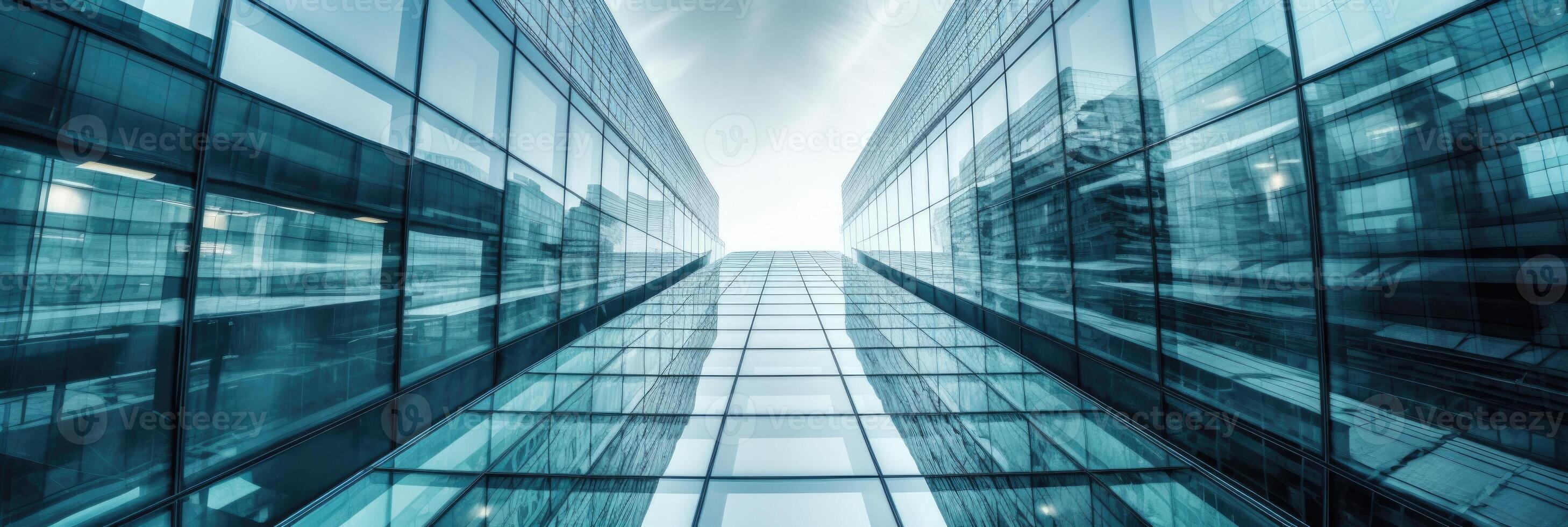 panoramisch en perspectief visie naar staal licht blauw achtergrond van glas hoogbouw gebouwen in futuristische stad. generatief ai technologie. foto