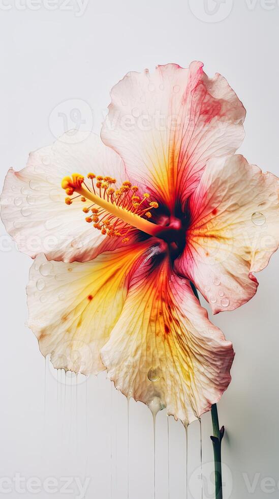 dichtbij omhoog van water druppeltje zacht bloesem hibiscus bloem. generatief ai. foto