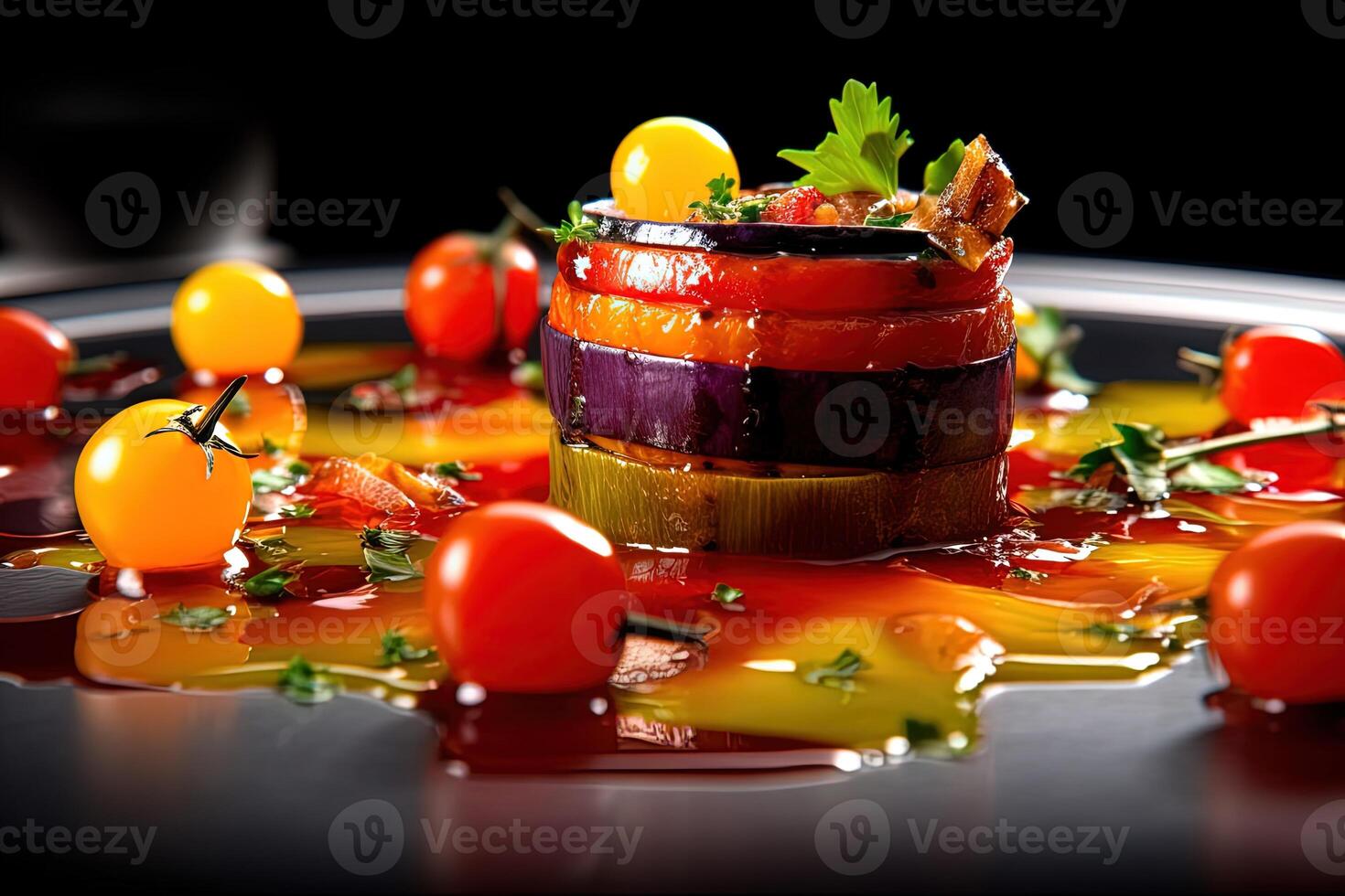 toetje gastronomie van fruit, groente en siroop Aan bord. voedsel fotografie, generatief ai. foto