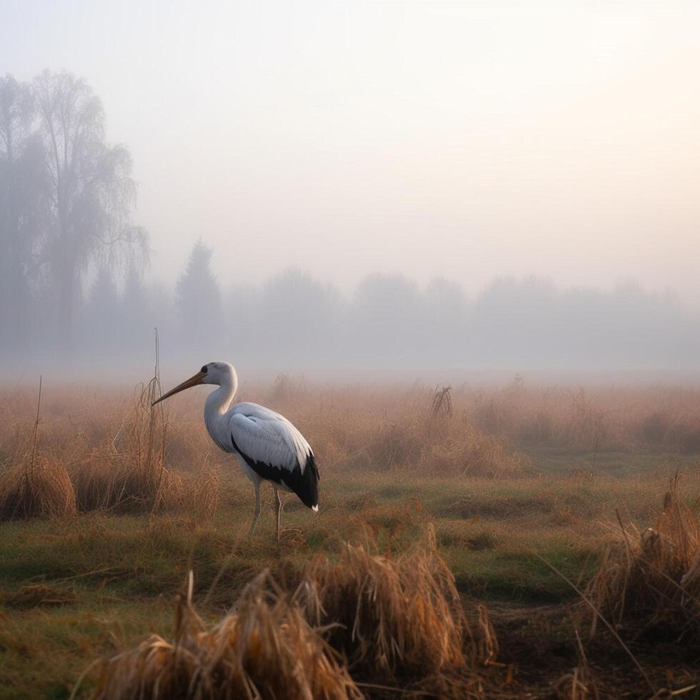 eenzaam ooievaar vogel Aan froggy ochtend- ai gegenereerd foto