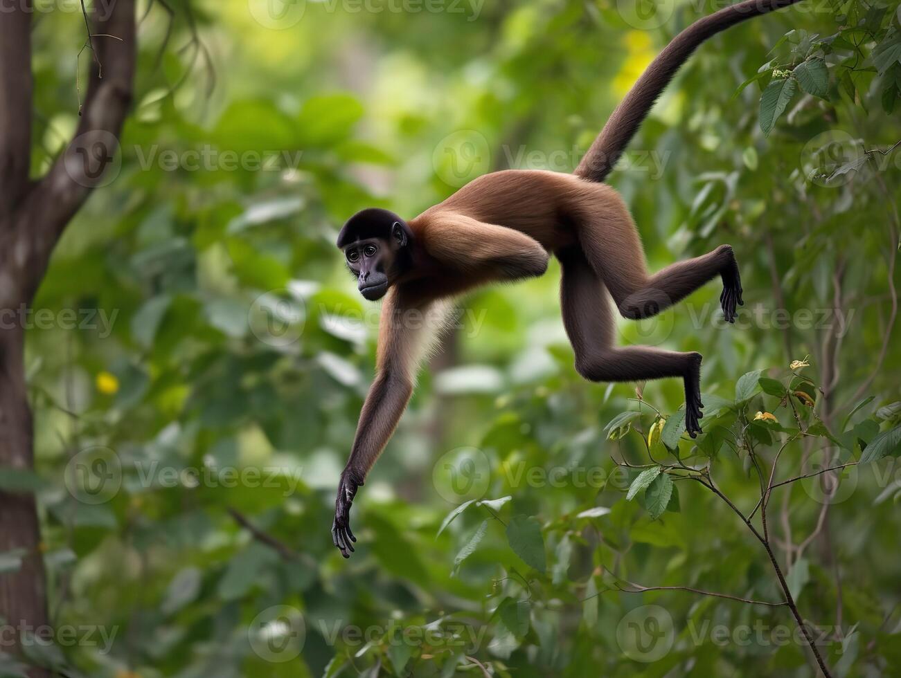 de behendig acrobaat de spin aap in luifel foto