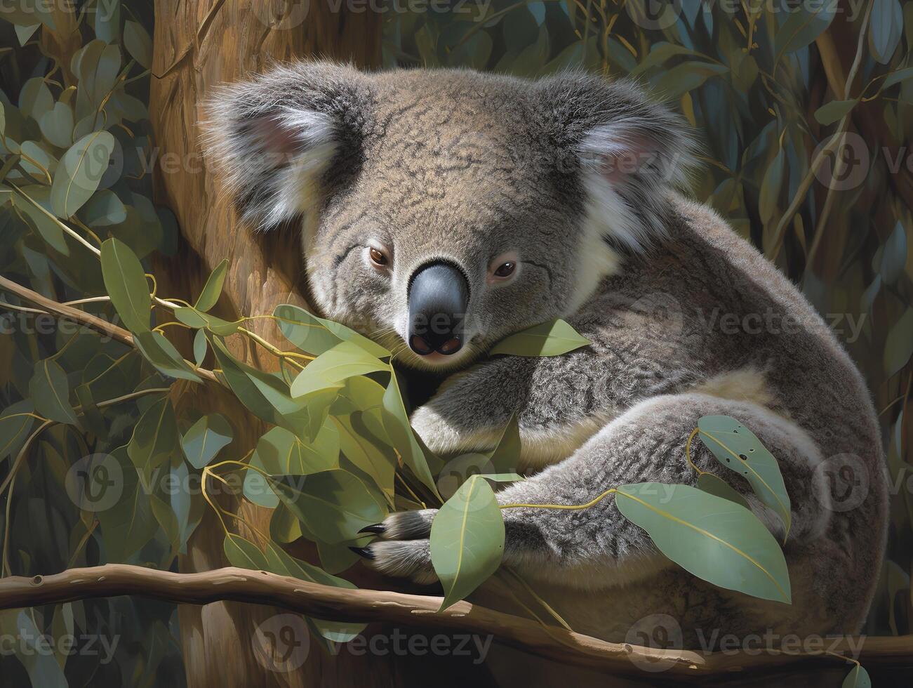 de rustig sluimeren van de koala in eucalyptus boom foto