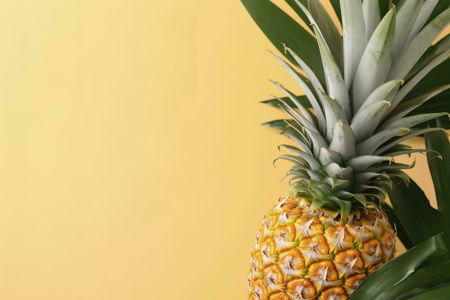 mooi ananas Aan tropisch palm monstera bladeren geïsoleerd Aan helder pastel geel achtergrond, top visie, vlak leggen, overhead bovenstaand zomer fruit. , genereren ai foto
