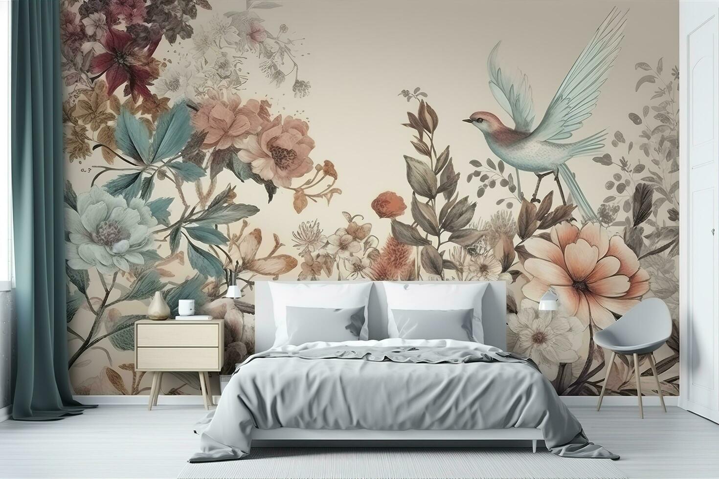 3d bloemen muurschildering behang met een licht gemakkelijk achtergrond. takken van bloemen, kruiden, vogels, en bergen. modern kunst voor muur huis decor, genereren ai foto