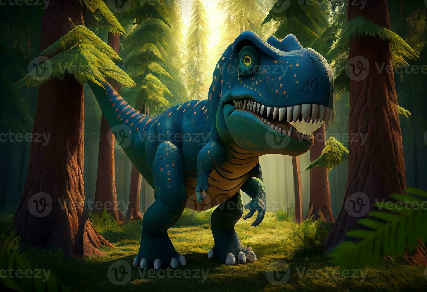 tyrannosaurus. t. rex dinosaurus tekenfilm karakter in de Woud. grappig dier . genereren ai. foto