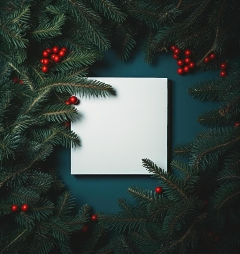 leeg papier Aan Kerstmis groen achtergrond met Spar. illustratie ai generatief foto