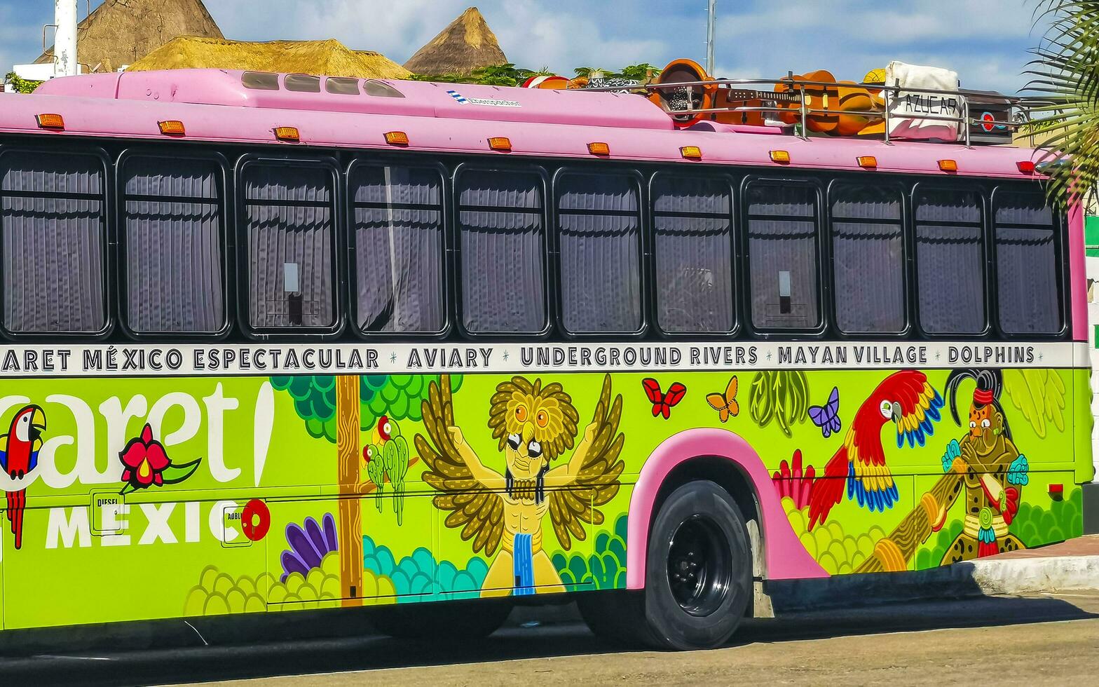 playa del carmen quintana roo Mexico 2023 kleurrijk roze geel groen xcaret bus playa del carmen Mexico. foto