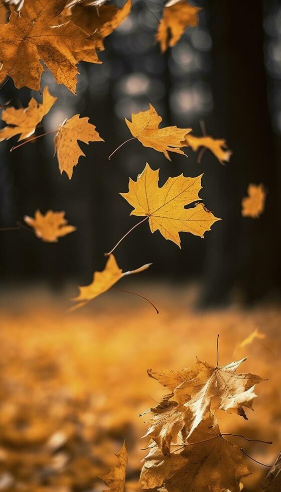 vliegend vallen esdoorn- bladeren Aan herfst achtergrond. vallend bladeren, seizoensgebonden banier met herfst gebladerte, genereren ai foto
