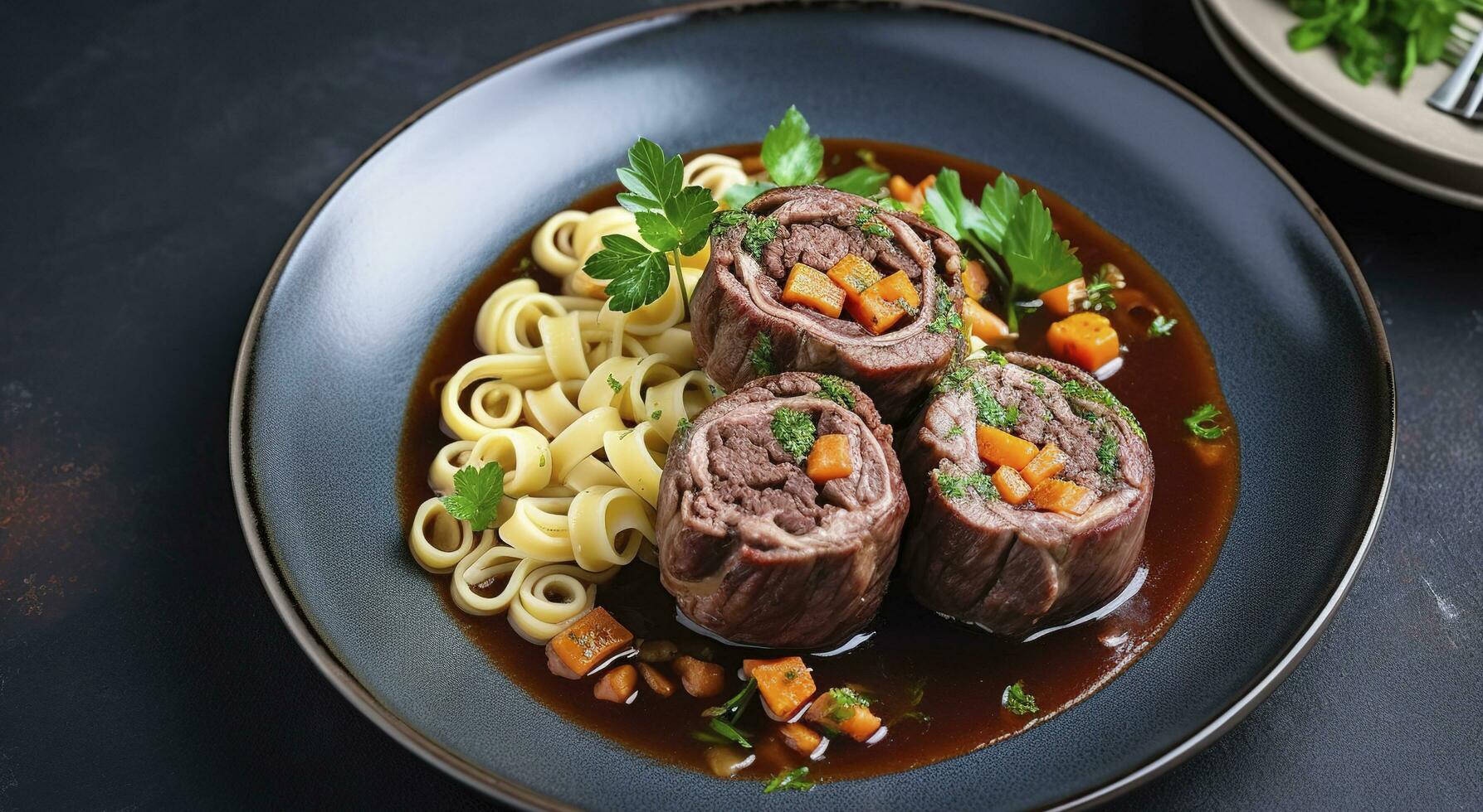 traditioneel langzaam gekookt Duitse wagyu rundvlees rollades met gnocchetti sardisch noedels in een pittig jus net zo een top visie Aan een nordic ontwerp bord met kopiëren ruimte Aan de Rechtsaf, genereren ai foto