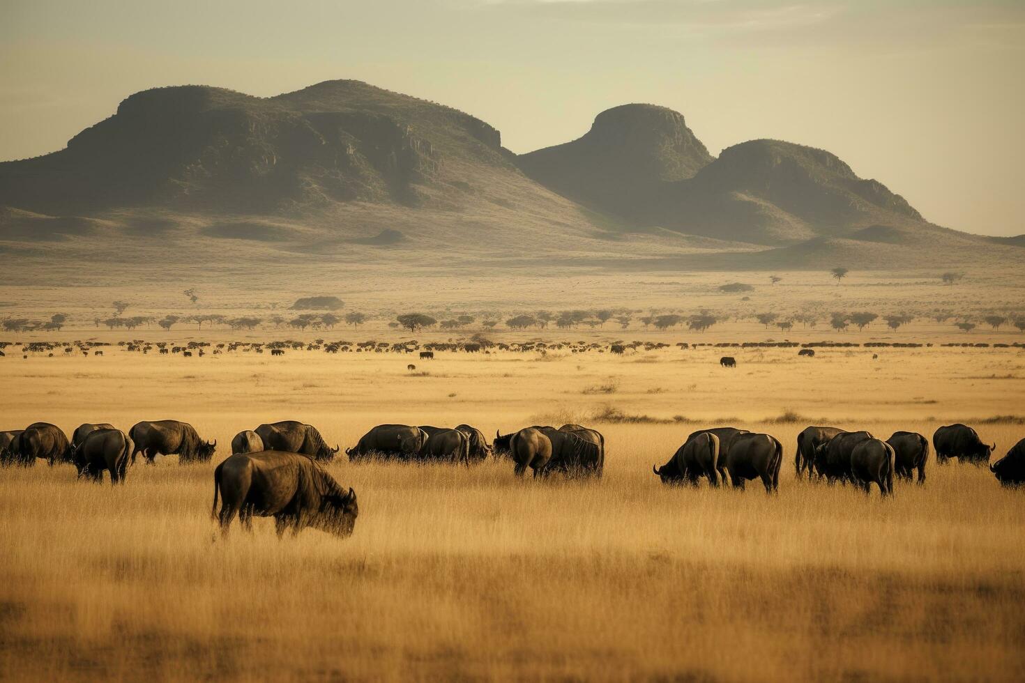 kaap buffels begrazing in de vroeg ochtend- gouden zon. , genereren ai foto