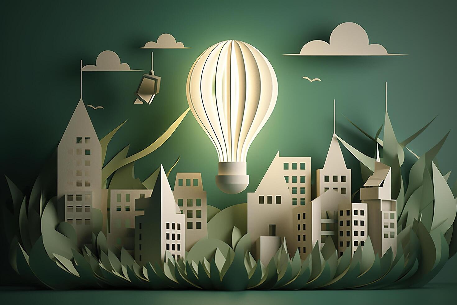 papier besnoeiing van licht lamp met groen eco stad , hernieuwbaar energie door 2050 koolstof neutrale energie of kas gas- emissie co2 , opslaan energie creatief idee concept , generatief ai foto