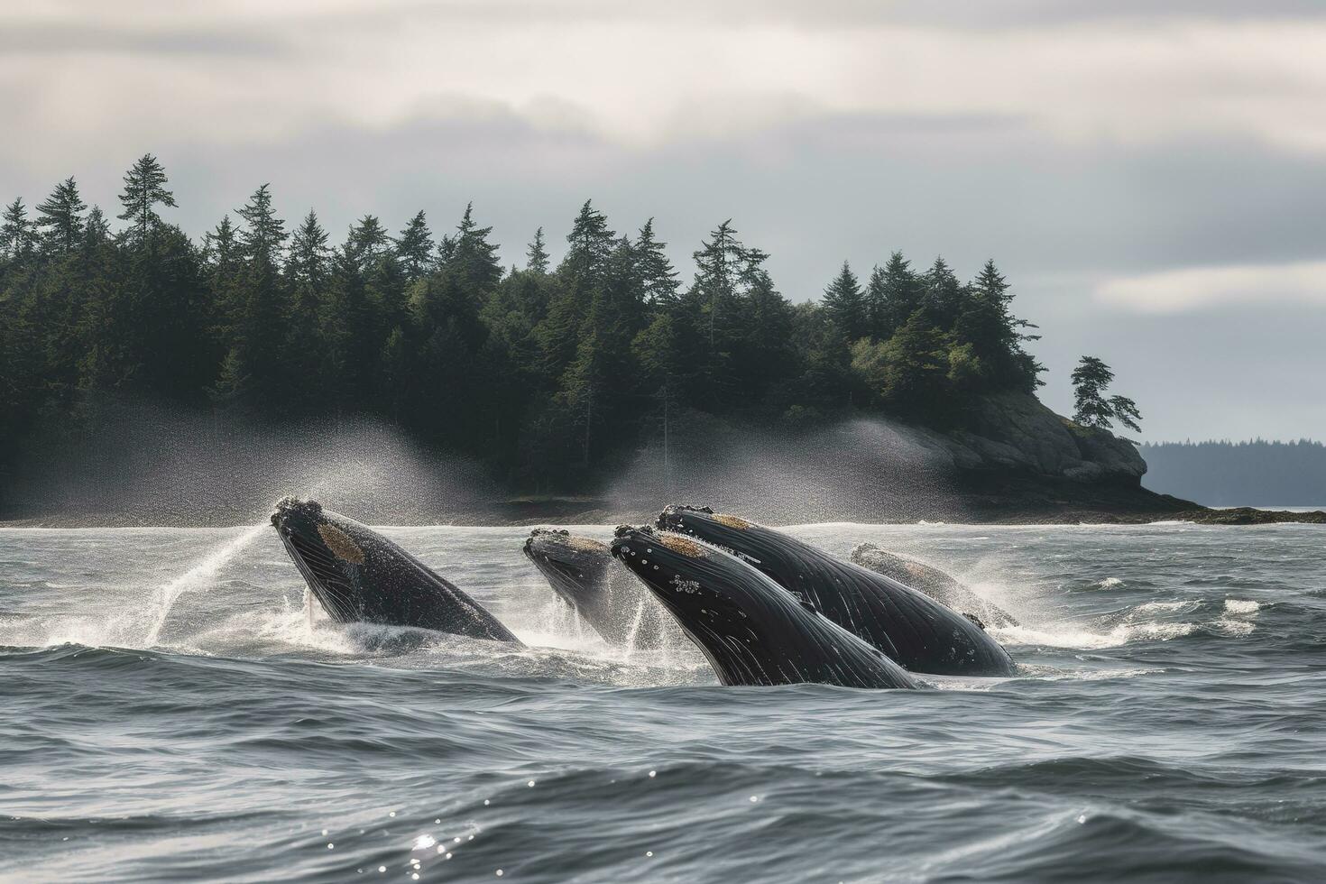 een groep van gebochelde walvissen overtreden uit van de oceaan met een kust- landschap in de achtergrond, genereren ai foto