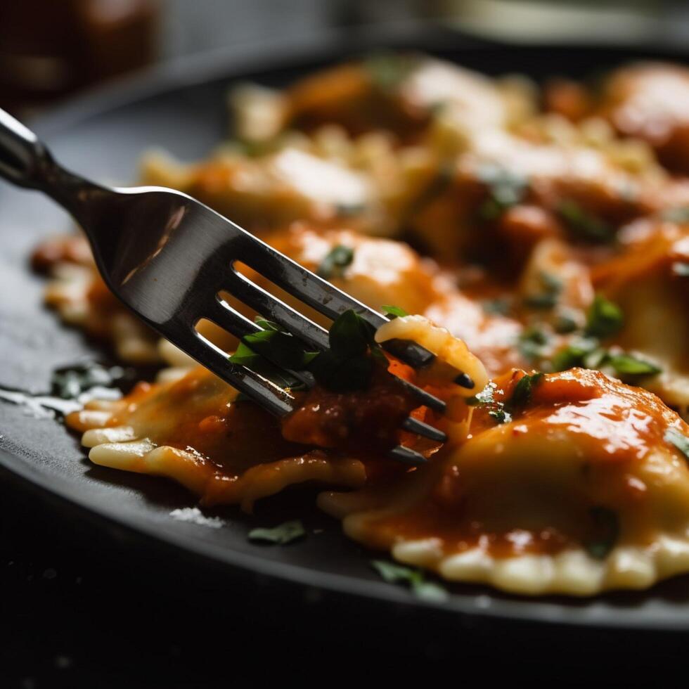 dichtbij omhoog van meerdere ravioli over- vork ai gegenereerd foto