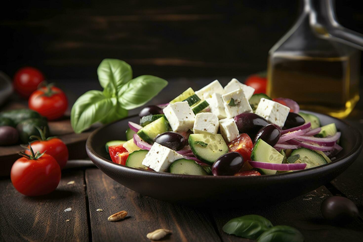 Grieks salade met vers groenten, feta kaas, kalamata olijven, droog oregano, rood wijn azijn en olijf- olie. gezond voedsel, genereren ai foto