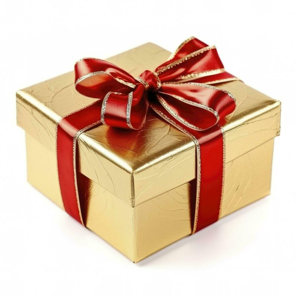 gouden geschenk doos geïsoleerd Aan een wit achtergrond , genereren ai foto