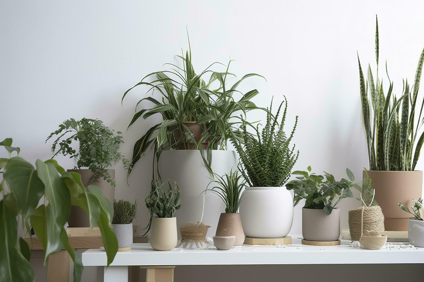 groen kamerplanten in potten en gieter kan Aan houten tafel in de buurt wit muur , genereren ai foto