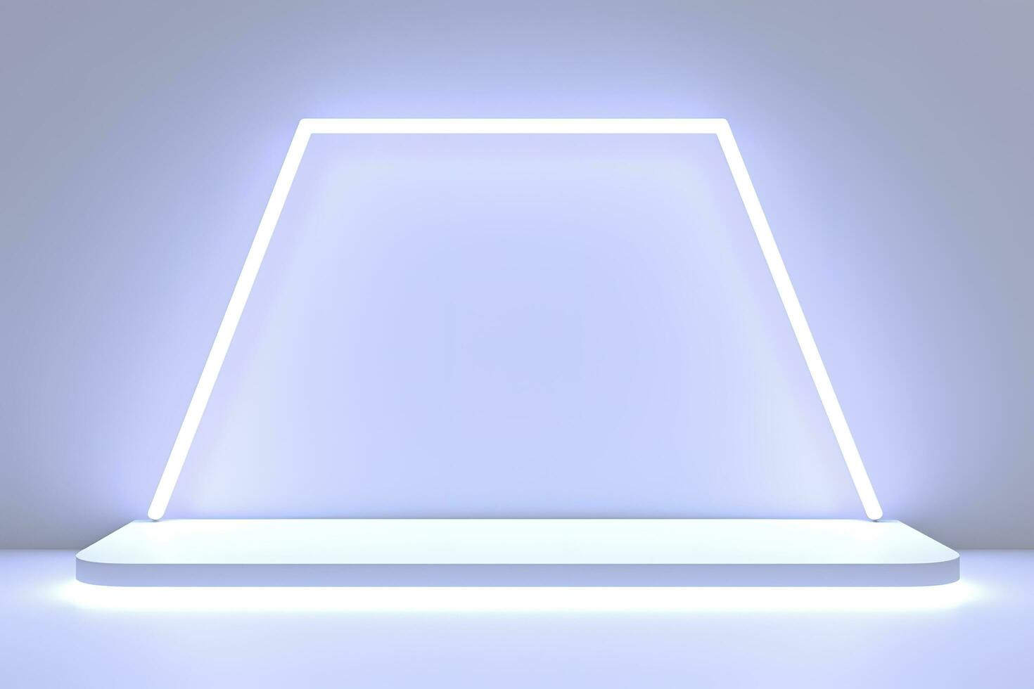 realistisch podium Scherm met neon wit lichten, Product Scherm achtergrond met licht kader, wit prodium Product Scherm met licht effect, neon lichten achtergrond, genereren ai foto