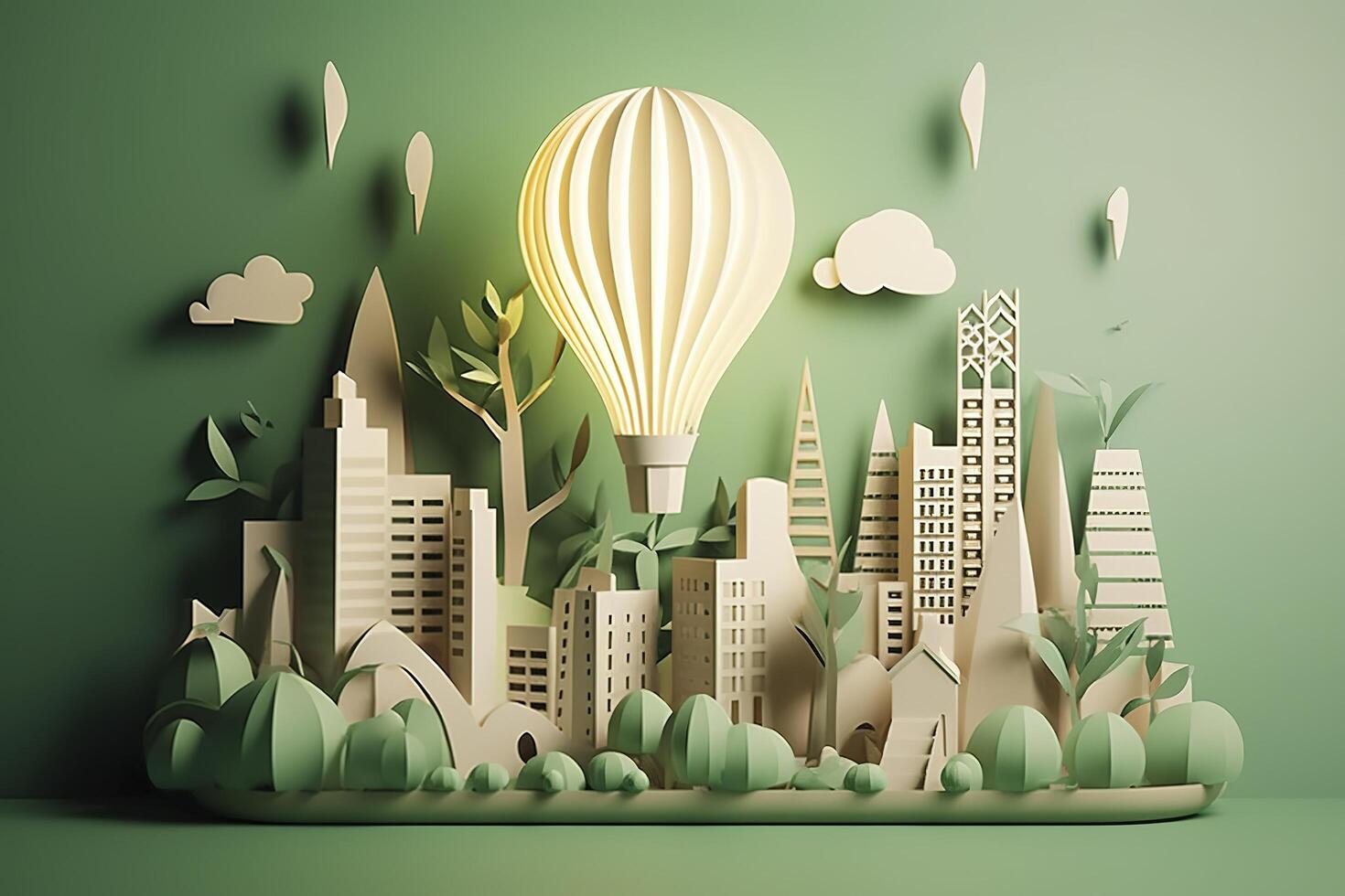 papier besnoeiing van licht lamp met groen eco stad , hernieuwbaar energie door 2050 koolstof neutrale energie of kas gas- emissie co2 , opslaan energie creatief idee concept , generatief ai foto