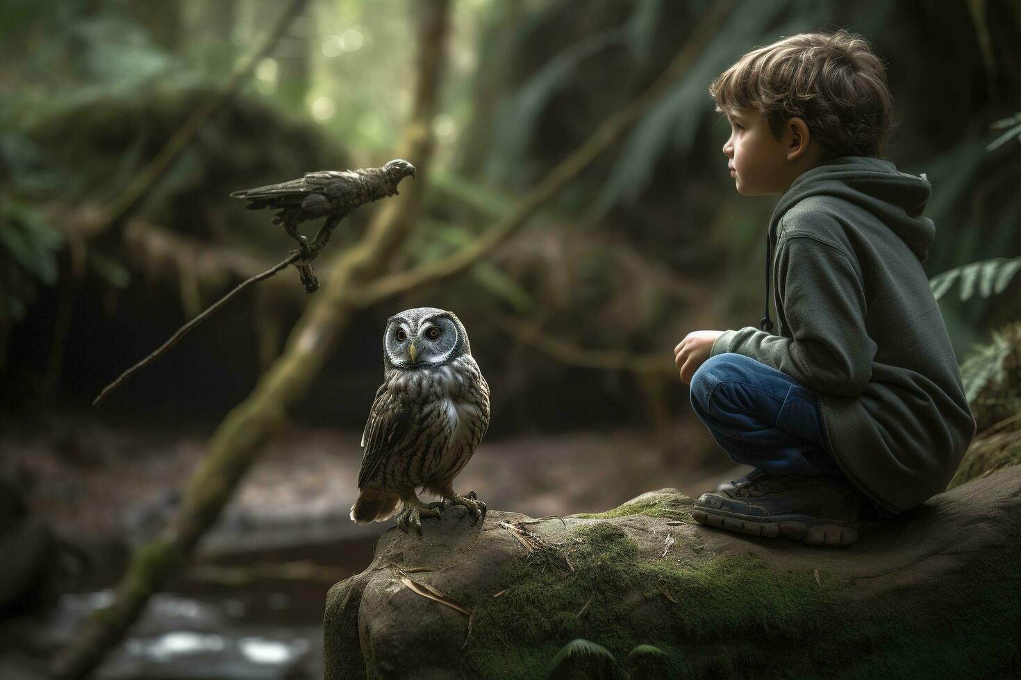 een Mens voldoet aan een reusachtig mystiek uil in de Woud , genereren ai foto