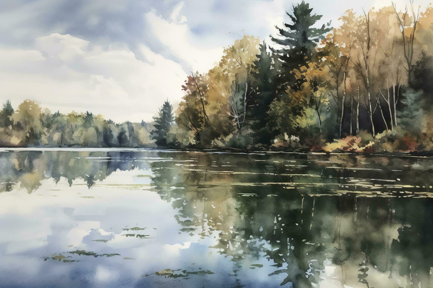 mooi waterverf herfst landschap met weelderig kleurrijk herfst- bomen Aan de kust van kalmte Woud meer of vijver Bij zonnig vallen dag. digitaal kunst schilderij van mijn eigen 3d renderen het dossier , genereren ai foto