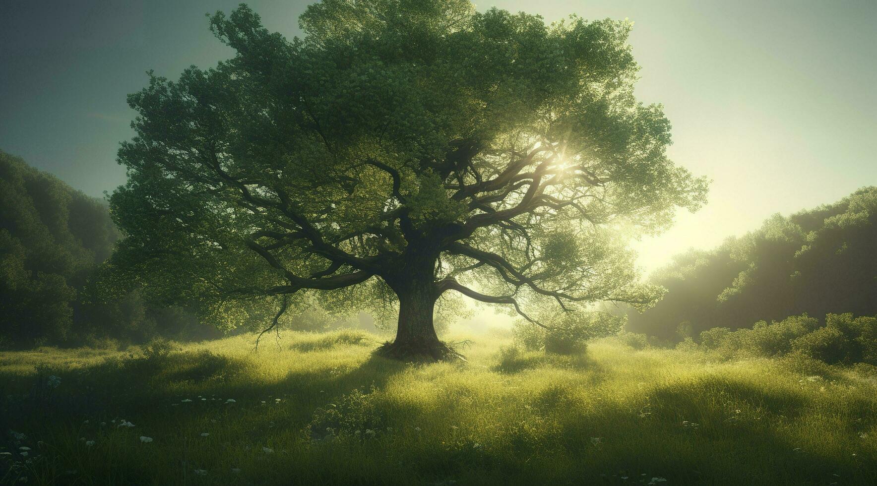 een groot boom met helder zon stralen, in de stijl van pastorale charme, donker groen en licht groente, zachtjes poëtisch, combineren natuurlijk en Mens gemaakt elementen, genereren ai foto