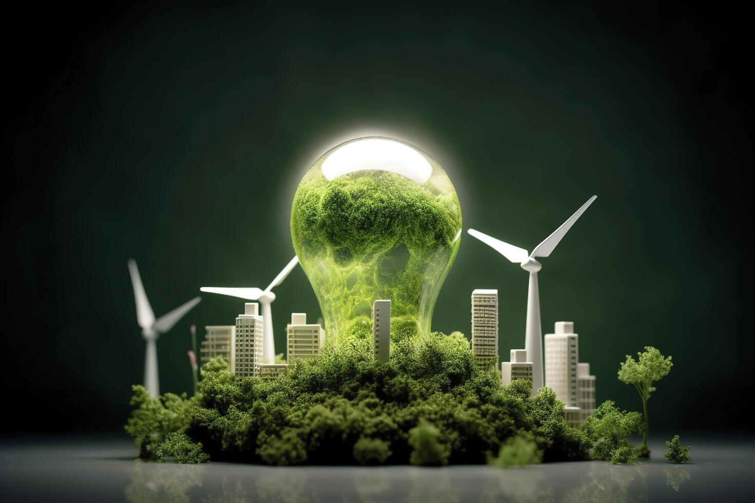 energie consumptie en co2 gas- uitstoot zijn toenemend licht bollen met groen eco stad, hernieuwbaar energie door 2050 koolstof neutrale energie, opslaan energie creatief idee concept, generatief ai. foto