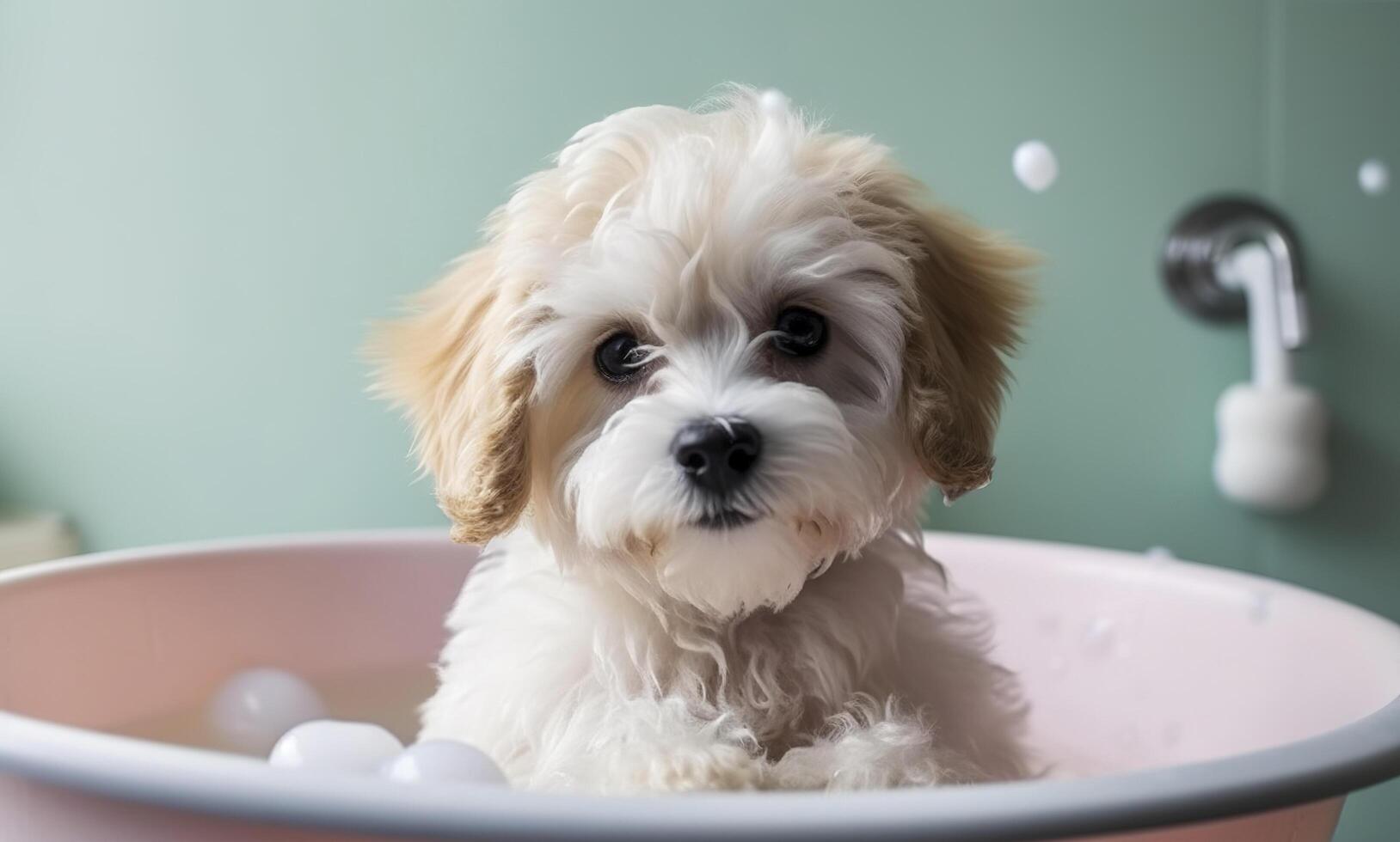 schattig puppy hond in bad , huisdieren schoonmaak , generatief ai foto