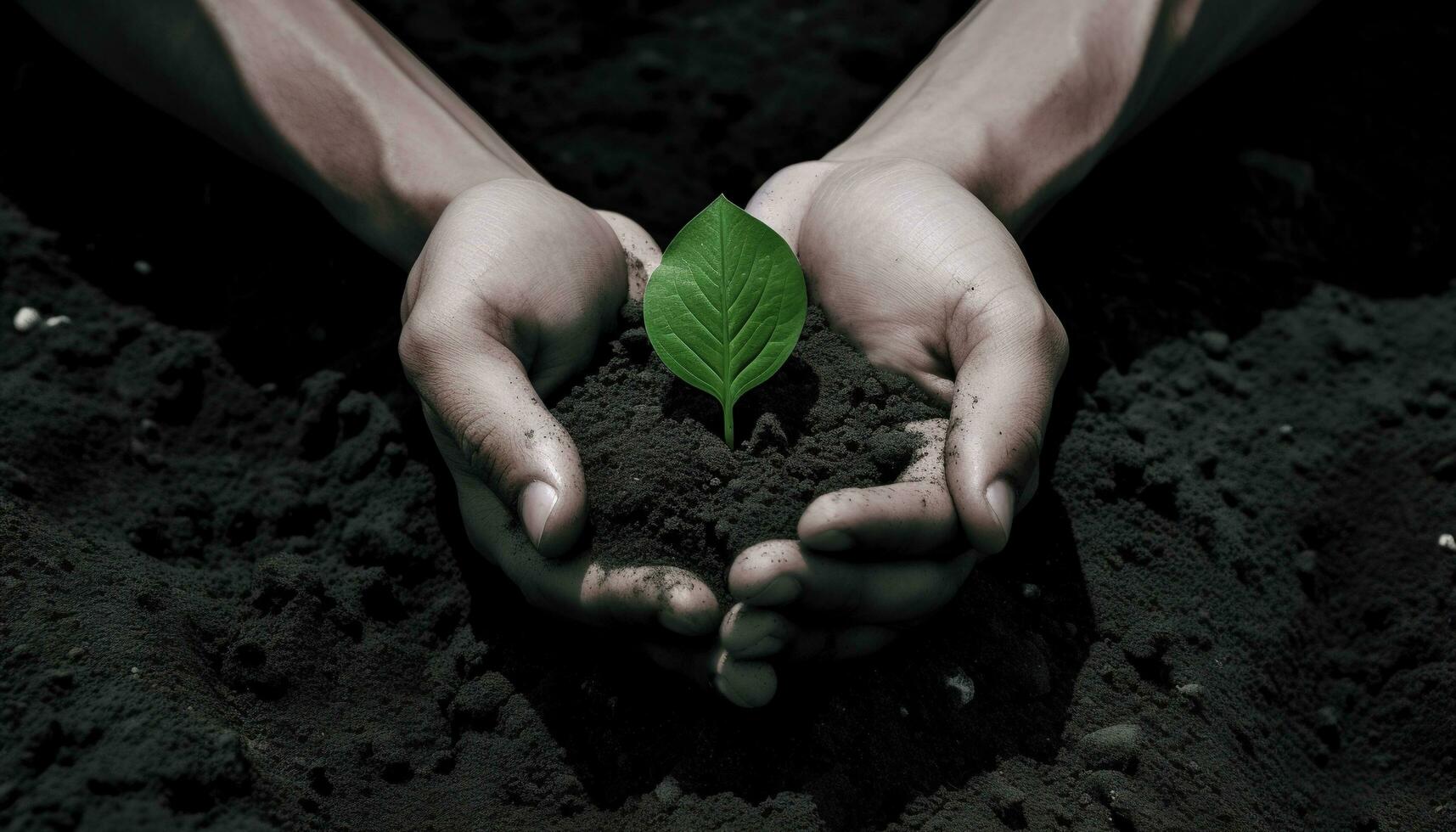 een kind Holding een fabriek in hun handen met een groen achtergrond en zonlicht schijnend door de bladeren Aan de plant, genereren ai foto