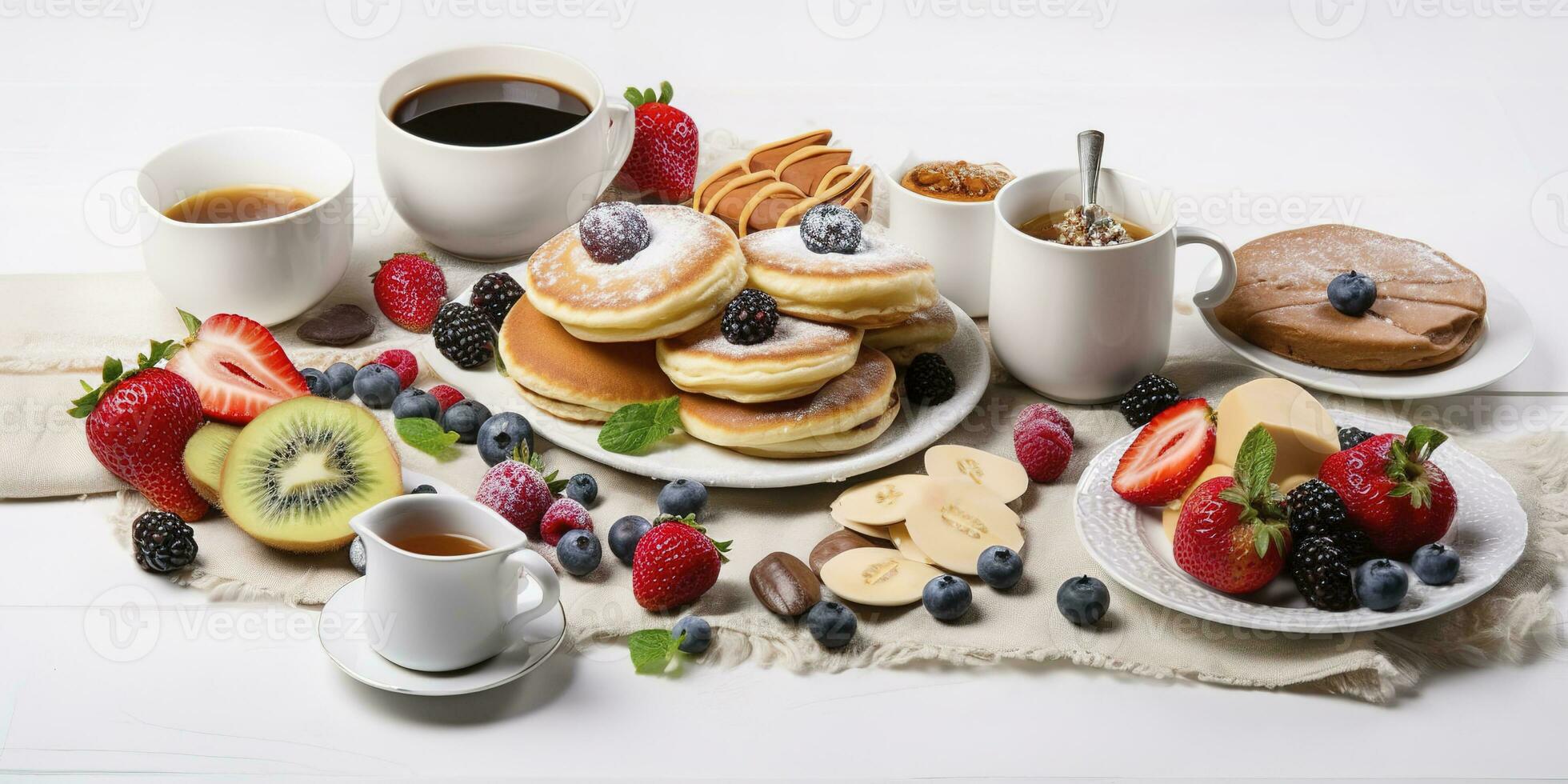 pannekoeken met vers fruit, donuts en koffie Aan een wit achtergrond., genereren ai foto