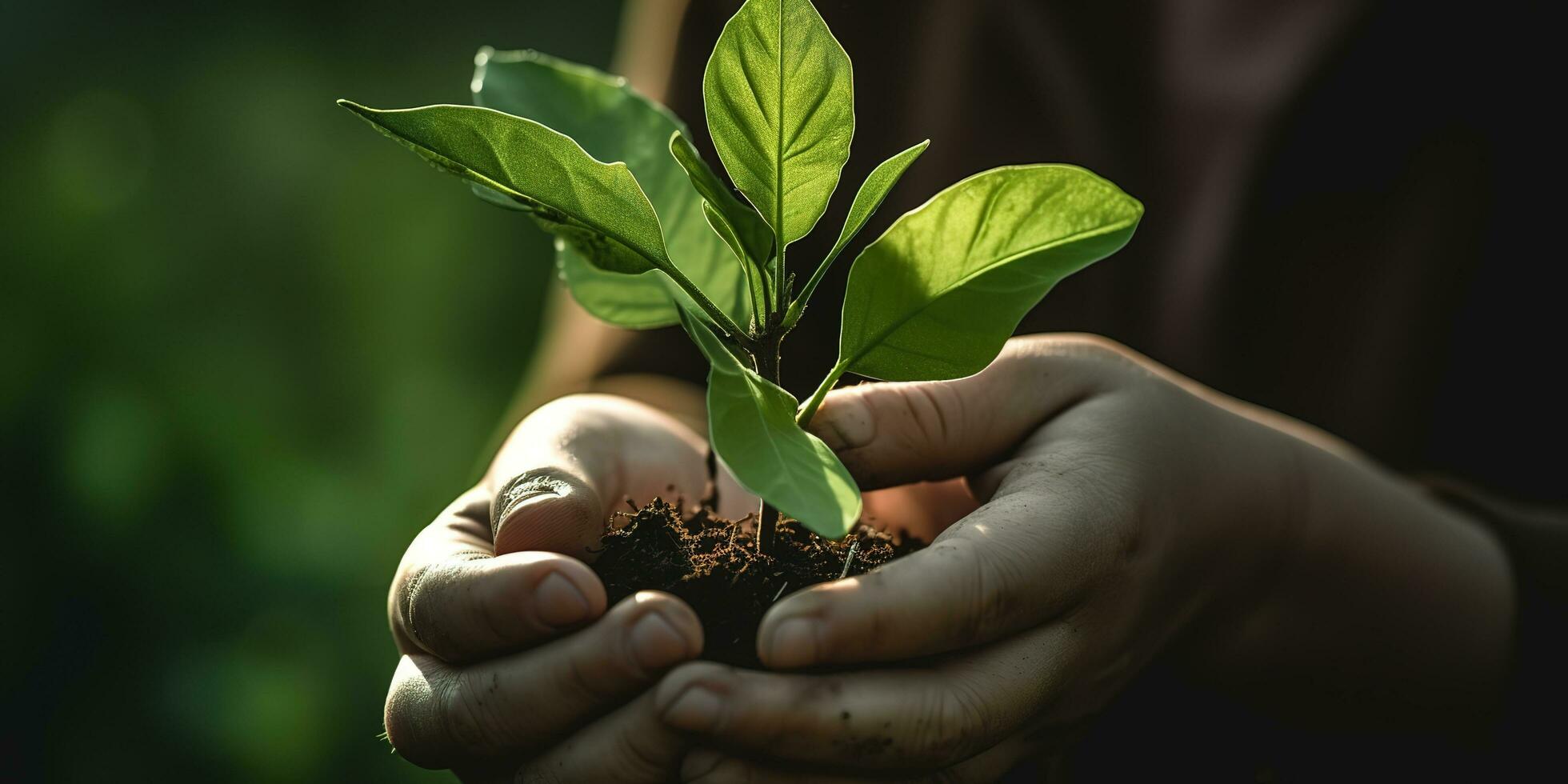 een kind Holding een fabriek in hun handen met een groen achtergrond en zonlicht schijnend door de bladeren Aan de plant, genereren ai foto