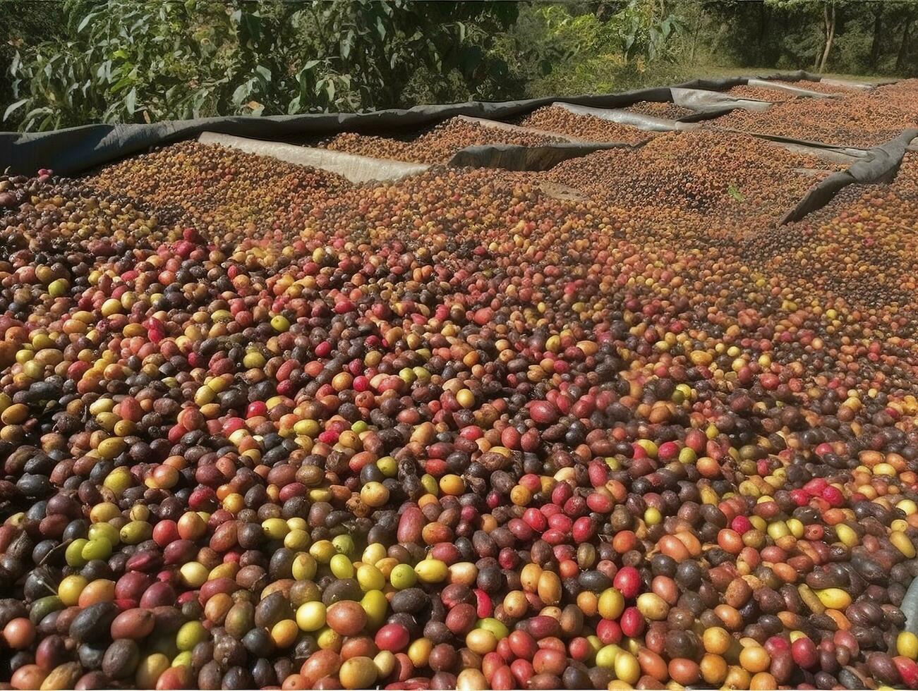 Ethiopisch rood en groen koffie kersen aan het liegen naar droog in de zon. deze werkwijze is de natuurlijk werkwijze. bona zuri, Ethiopië, genereren ai foto