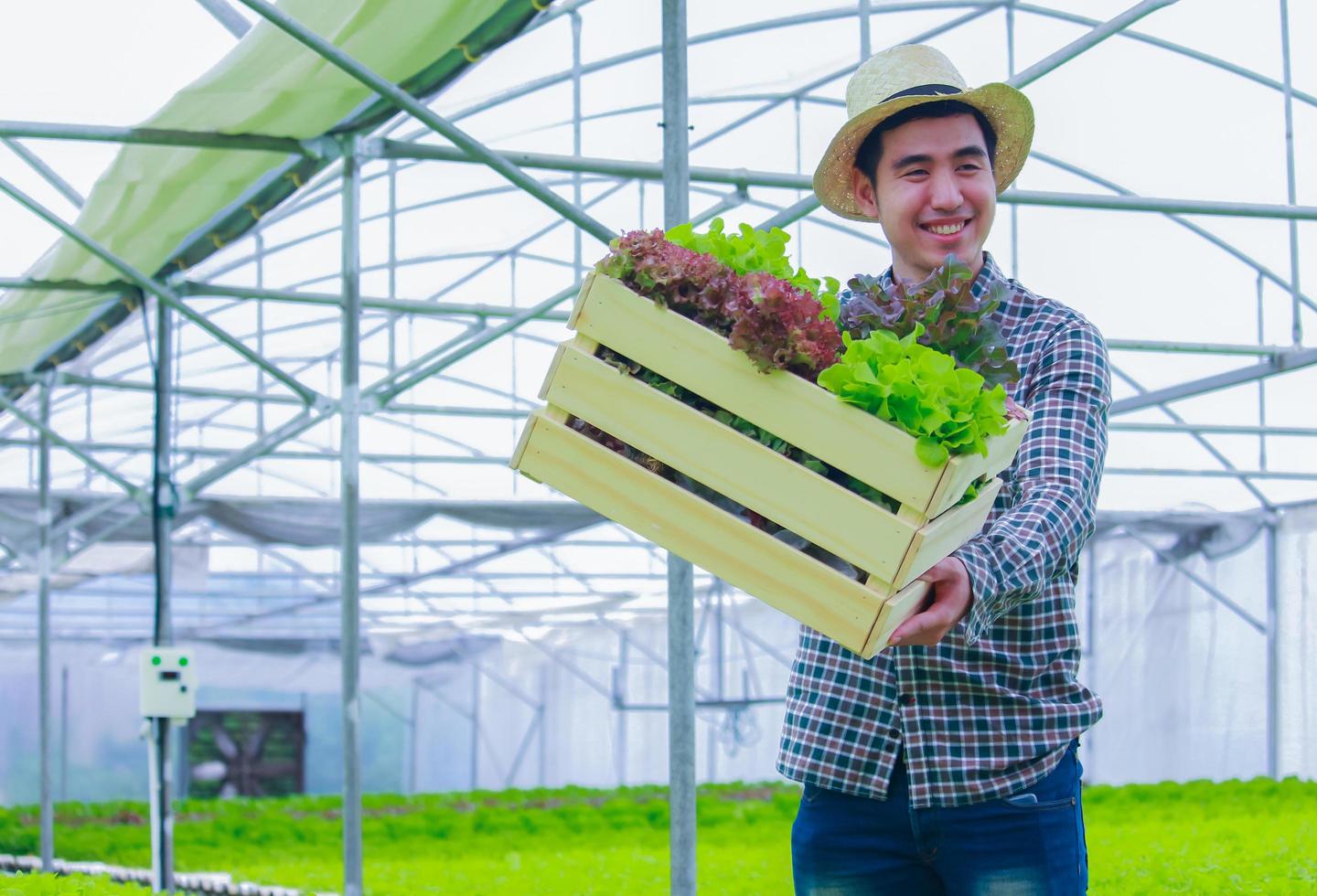 Aziatische boer houdt een mand met biologische groenten en glimlacht gelukkig foto