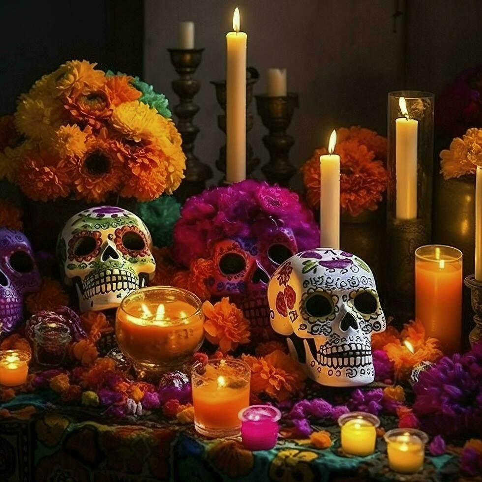 dia de los Muertos schedels, bloemen kaarsen, carnaval kleurrijk, veel van bloem in de achtergrond, genereren ai foto