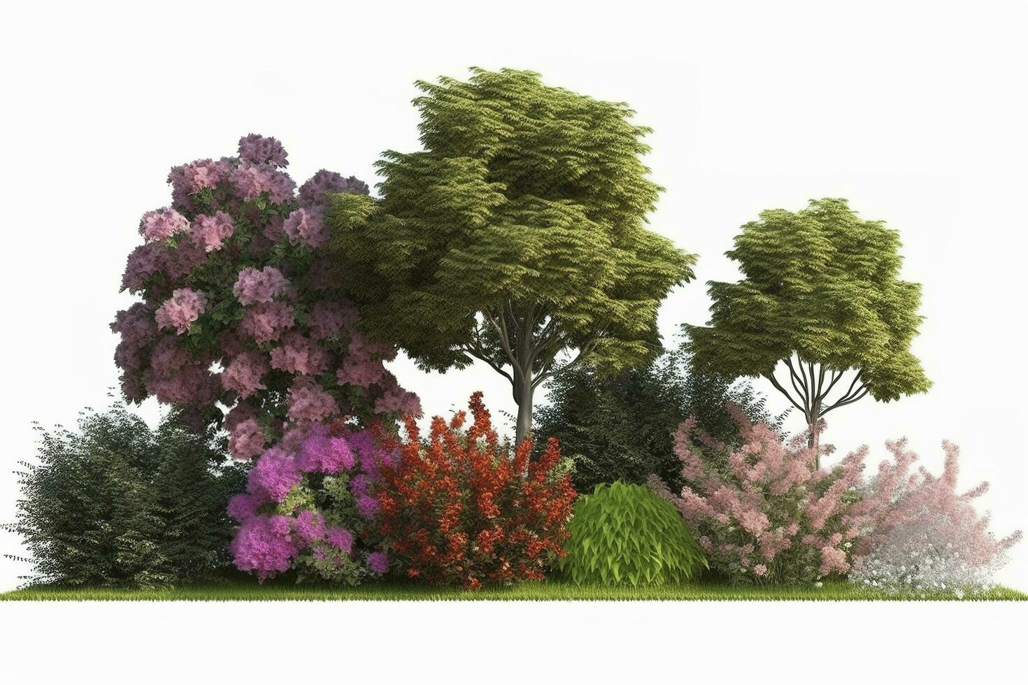 mooi tuin planten, bloem en bomen geïsoleerd Aan transparant achtergrond. 3d veroorzaken. , genereren ai foto