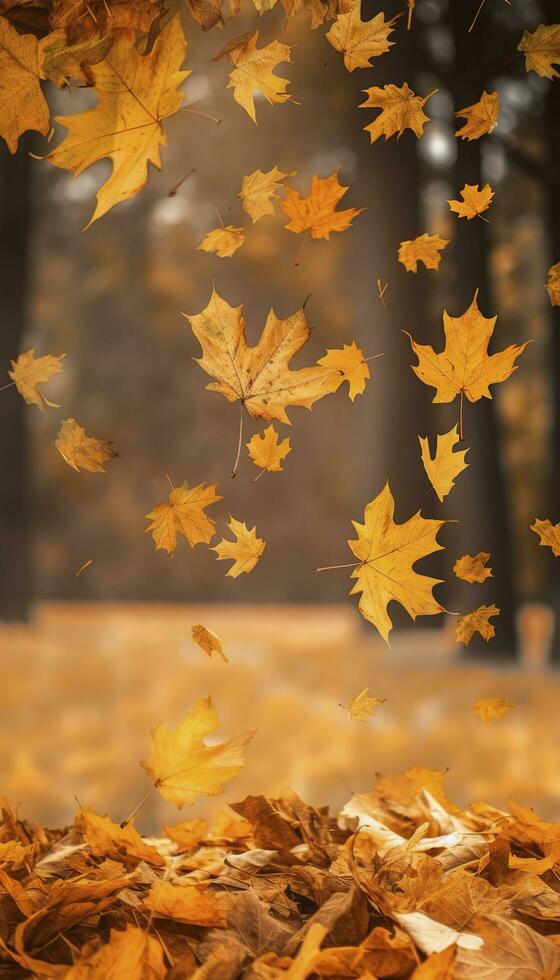 vliegend vallen esdoorn- bladeren Aan herfst achtergrond. vallend bladeren, seizoensgebonden banier met herfst gebladerte, genereren ai foto