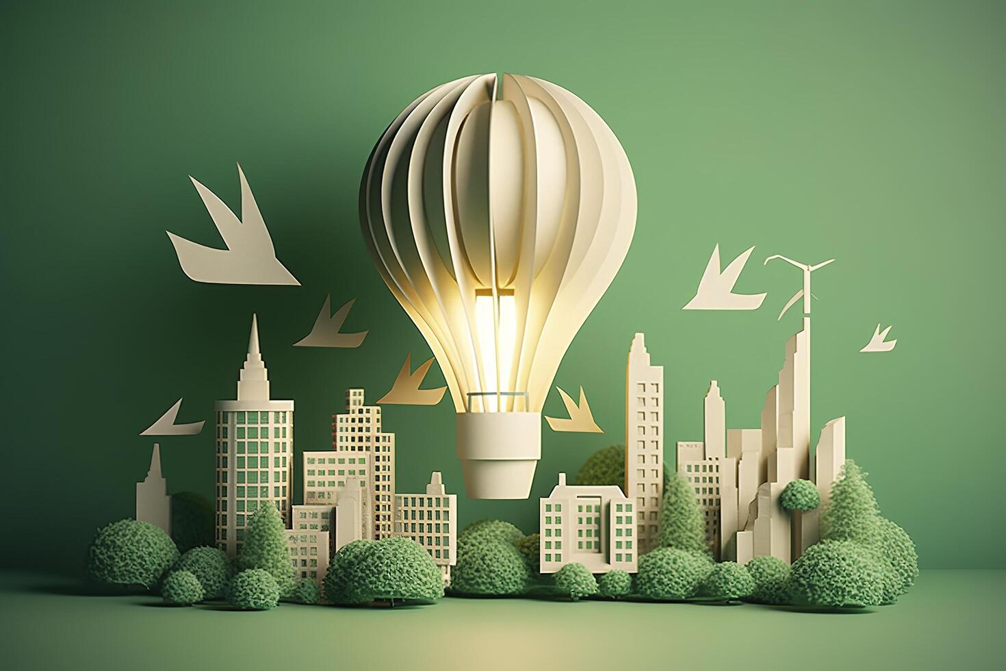papier besnoeiing van licht lamp met groen eco stad , hernieuwbaar energie door 2050 koolstof neutrale energie of kas gas- emissie co2 , opslaan energie creatief idee concept , generatief ai foto