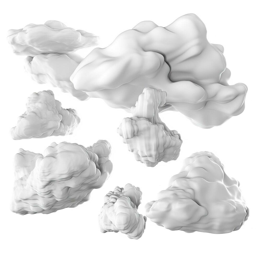 3d veroorzaken, verzameling van abstract realistisch wolken geïsoleerd Aan wit achtergrond, weer klem kunst, ontwerp elementen, genereren ai foto