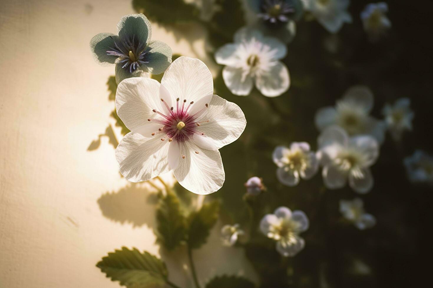 mooi voorjaar grens, bloeiend roos struik. bloeiend roos heupen tegen Aan muur. zacht selectief focus, genereren ai foto