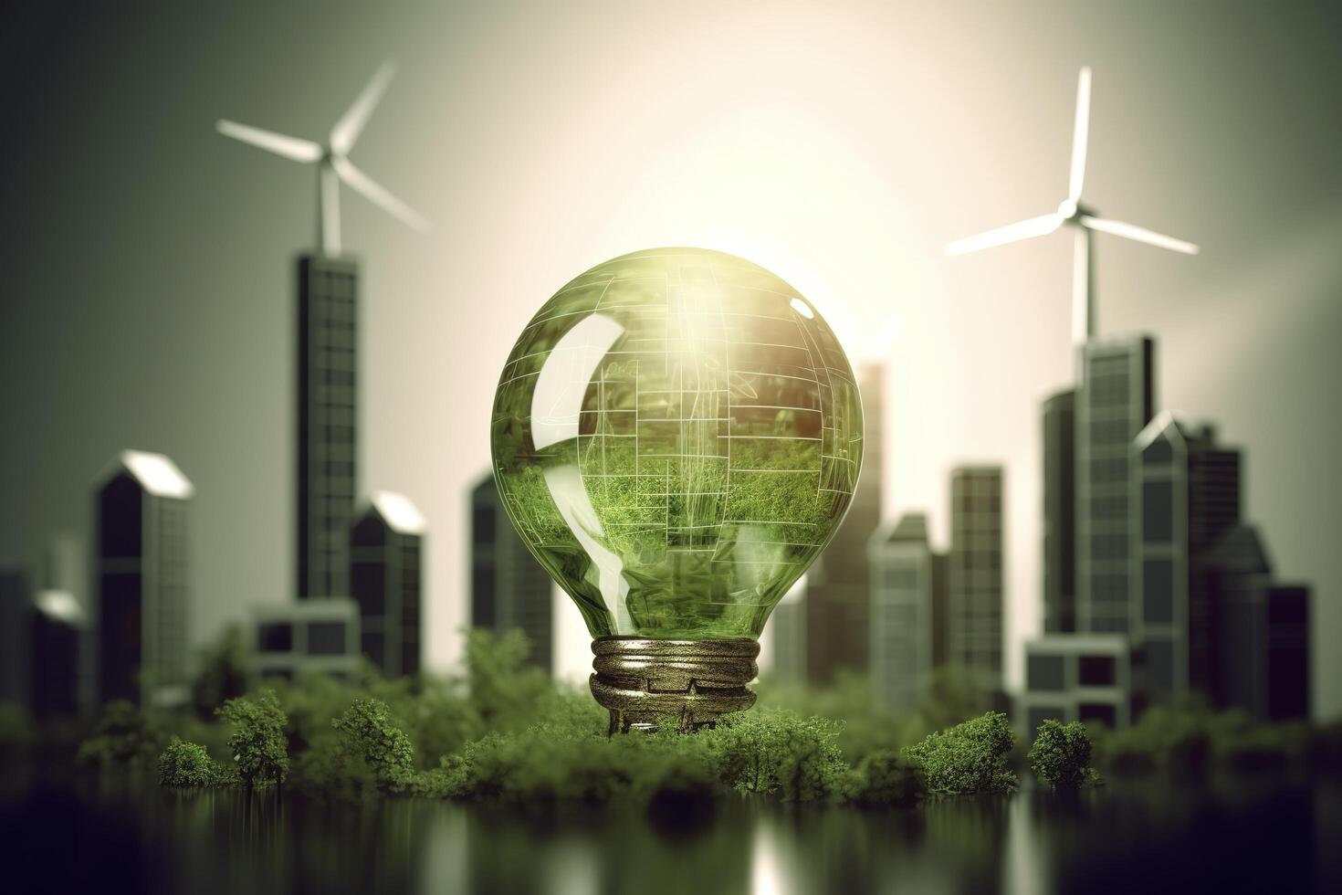 energie consumptie en co2 gas- uitstoot zijn toenemend licht bollen met groen eco stad, hernieuwbaar energie door 2050 koolstof neutrale energie, opslaan energie creatief idee concept, generatief ai. foto