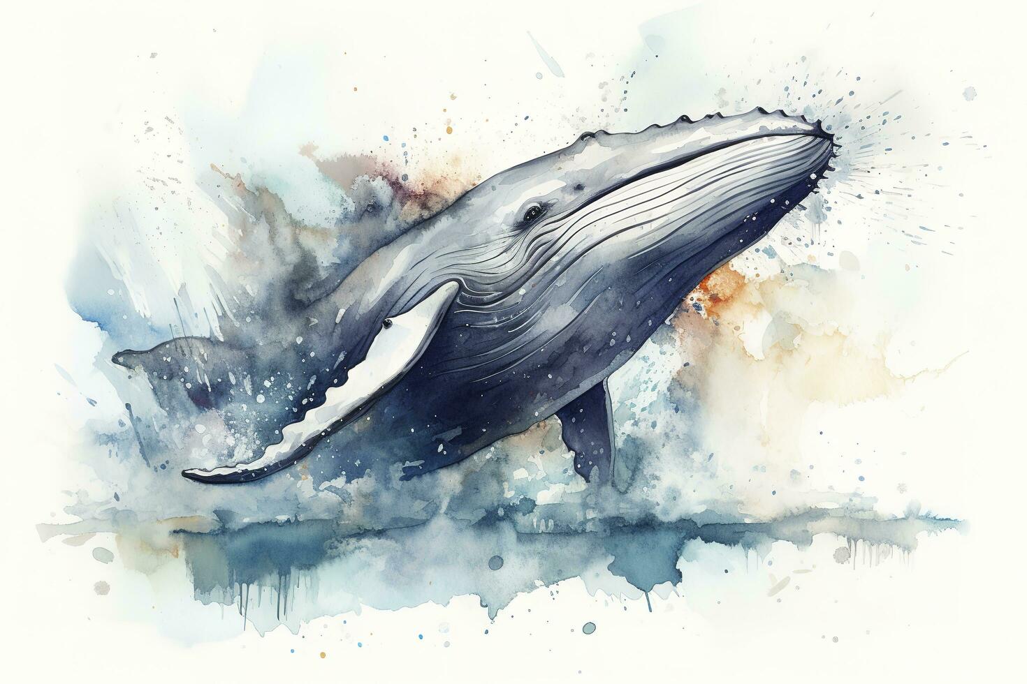 een walvis overtreden in een stormachtig oceaan waterverf schilderen, mooi natuurlijk vormen, knapperig schoon vormen, kleurrijk, wit achtergrond, genereren ai foto