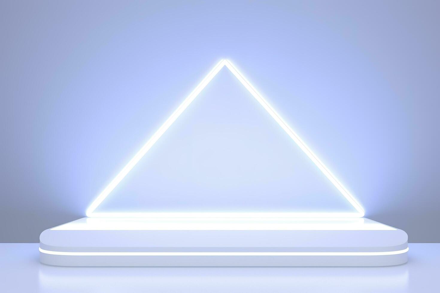 realistisch podium Scherm met neon wit lichten, Product Scherm achtergrond met licht kader, wit prodium Product Scherm met licht effect, neon lichten achtergrond, genereren ai foto