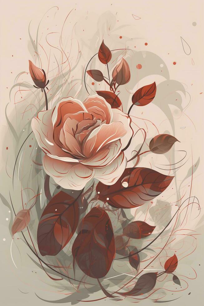 een rood roos in een abstract stijl met bloemen en bladeren, in de stijl van zacht, gedempt kleur palet, lijn tekening stijl, vluchtig vormen, genereren ai foto