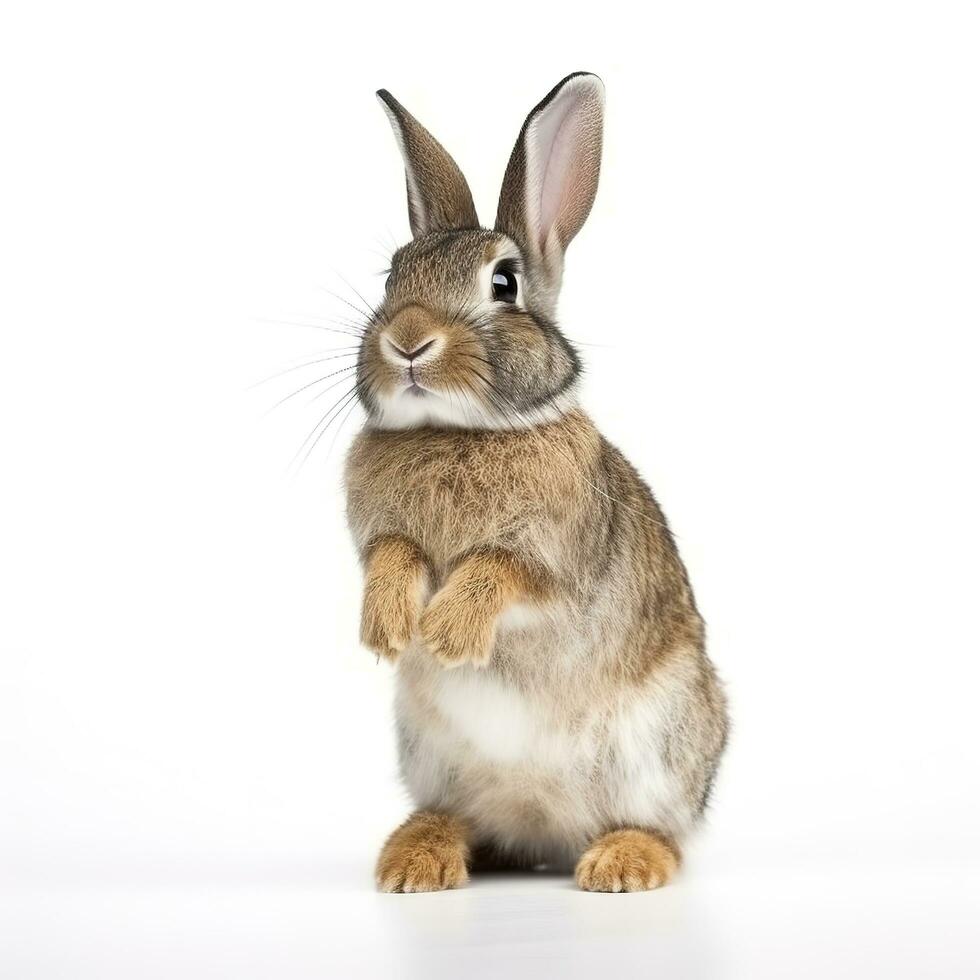 de grappig konijn is staand Aan haar achter poten geïsoleerd Aan wit achtergrond, genereren ai foto