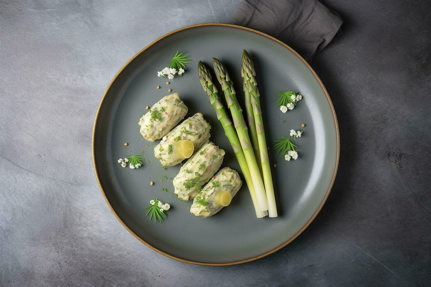 traditioneel gegrild groen asperges met kruiden net zo een top visie Aan een modern ontwerp bord met kopiëren ruimte, genereren ai foto