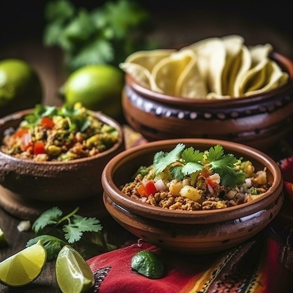 Mexicaans voedsel hoek grens, ondersteboven visie over- een donker banier achtergrond. taco's, Quesadilla, burrito's en nacho's. kopiëren ruimte, genereren ai foto