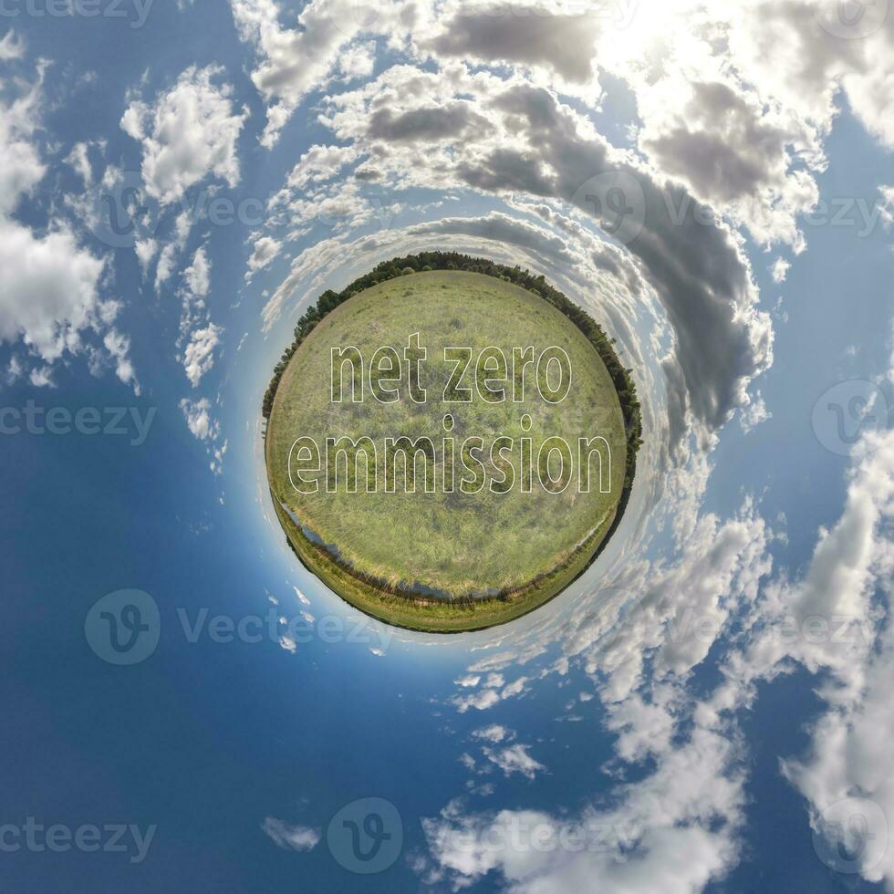 netto nul uitstoot tekst concept beeld tegen groen klein planeet in blauw lucht met mooi wolken foto